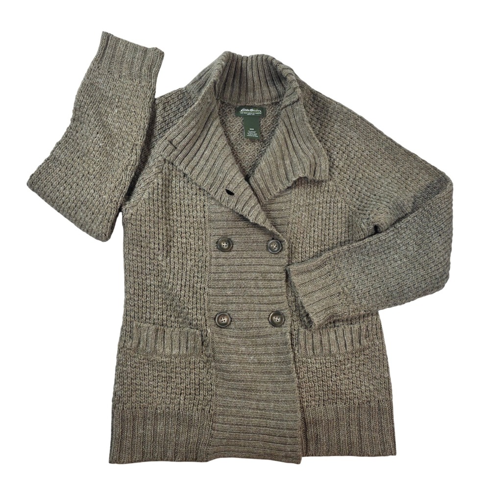 Eddie Bauer Wool Blend Double Breasted Knit Cardigan Brown Medium Womens Sweater